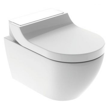 Set vas WC suspendat Geberit AquaClean Tuma Comfort capac inchidere lenta functie bideu electric ornament sticla alba
