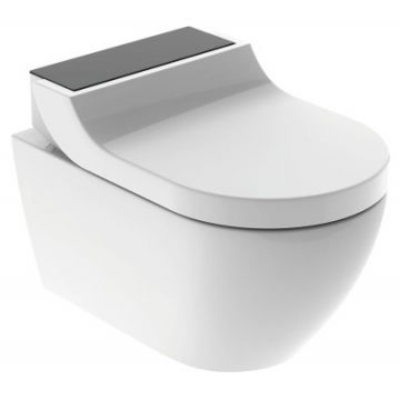 Set vas WC suspendat Geberit AquaClean Tuma Comfort capac inchidere lenta functie bideu electric ornament sticla neagra