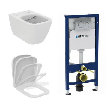 Set vas wc suspendat Ideal Standard I.life B alb cu capac si rezervor cu cadru incastrat si clapeta