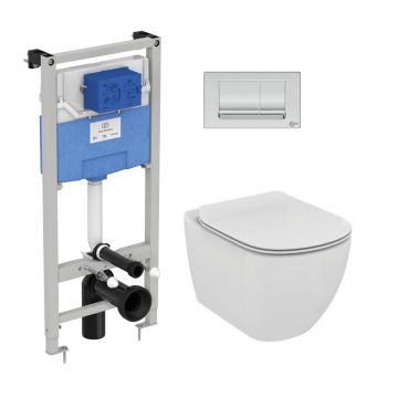 Set vas wc suspendat Ideal Standard Tesi Aquablade capac Slim inchidere lenta rezervor cu cadru ProSys si clapeta Oleas M1 crom