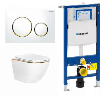 Set rezervor Geberit Sigma cu vas WC suspendat Rea Carlo Gold Edge si clapeta alba cu auriu