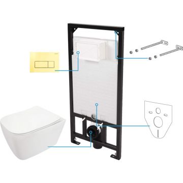 Set vas wc cu capac soft close, rezervor incastrat, clapeta de actionare aurie si izolare fonica Deante Hiacynt
