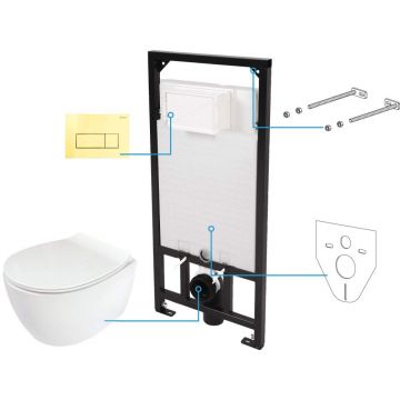 Set vas wc cu capac soft close, rezervor incastrat, clapeta de actionare aurie si izolare fonica Deante Silia