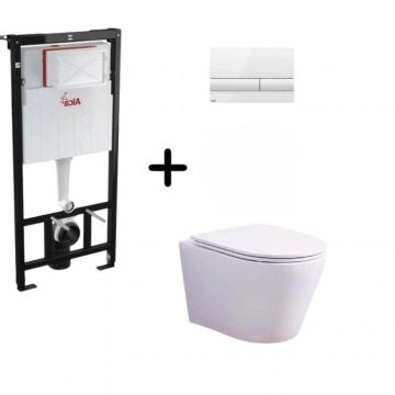 Set vas wc rimless alb cu capac soft close Foglia Oslo, rezervor incastrat si clapeta la reducere