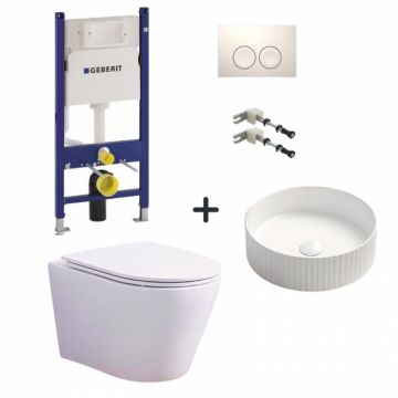 Set vas wc rimless alb cu capac soft close, lavoar rotund cu ventil, plus rezervor incastrat cu set fixare si clapeta alba