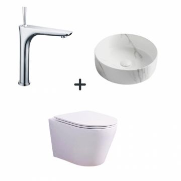Set vas wc rimless cu capac soft close, lavoar baie rotund, ventil inclus si baterie chiuveta Foglia