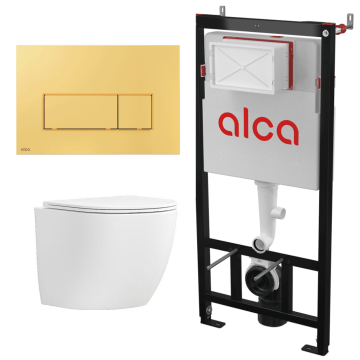 Set vas WC suspendat Matilda Alb cu rezervor Alcadrain si clapeta Auriu M575