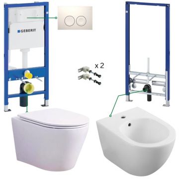 Set vas wc suspendat rimless cu capac si cu bideu, rezervor incastrat plus clapeta, Foglia Oslo