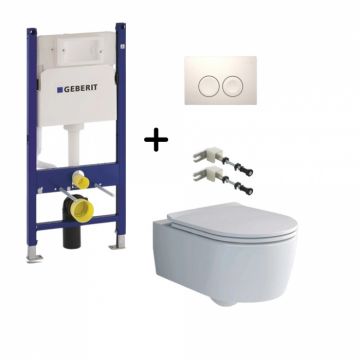 Set vas wc suspendat rimless cu capac soft close Villeroy Boch, rezervor incastrat si clapeta alba Geberit