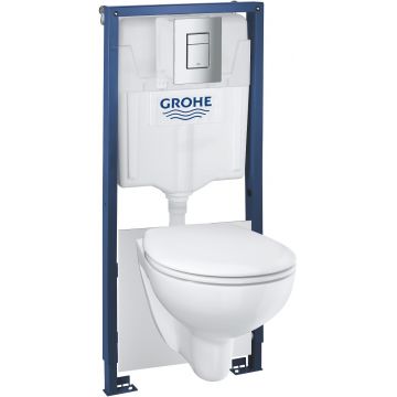 Set complet Grohe Solido 5-in-1 cu vas wc suspendat Bau Ceramic Rimless cu capac inchidere lenta rezervor incastrat cu cadru si clapeta Skate Cosmopolitan crom