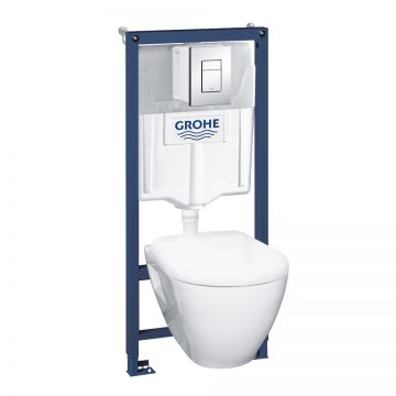 Set complet Grohe Solido Perfect 4-in-1 cu vas wc suspendat cu capac inchidere lenta rezervor incastrat cu cadru si clapeta Skate Cosmopolitan crom