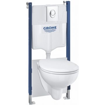 Set complet Grohe Solido Compact 4in1 cu vas wc suspendat Bau Ceramic cu capac inchidere lenta rezervor incastrat cu cadru si clapeta Start crom