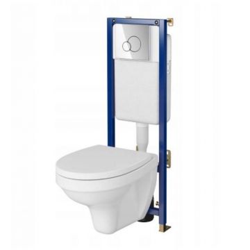 Set rezervor WC cu cadru B595 Cersanit Tech Line Base si clapeta Circle crom plus vas WC Delfi cu capac alb