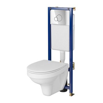 Set rezervor WC cu cadru B596 Cersanit Tech Line Base si clapeta Circle crom plus vas WC Delfi cu capac alb