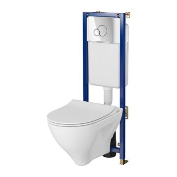 Set rezervor WC cu cadru B600 Cersanit Tech Line Base si clapeta Circle crom plus vas WC Mille cu capac alb
