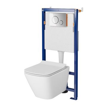 Set rezervor WC cu cadru B602 Cersanit Tech Line Opti si clapeta B2 crom plus vas WC City cu capac alb