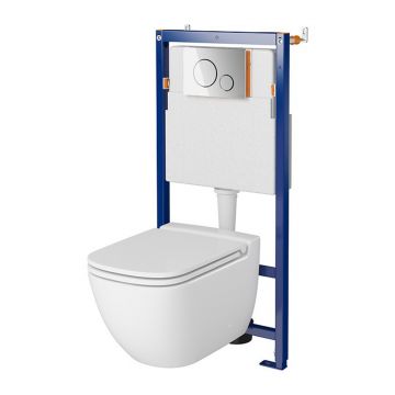Set rezervor WC cu cadru B605 Cersanit Tech Line Opti si clapeta B2 crom plus vas WC Caspia cu capac alb