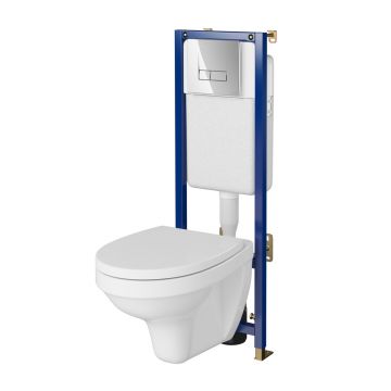 Set rezervor WC cu cadru B619 Cersanit Tech Line Base si clapeta Smart crom plus vas WC Delfi cu capac alb
