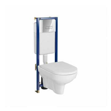 Set rezervor WC cu cadru B621 Cersanit Tech Line Base si clapeta Smart crom plus vas WC City cu capac alb