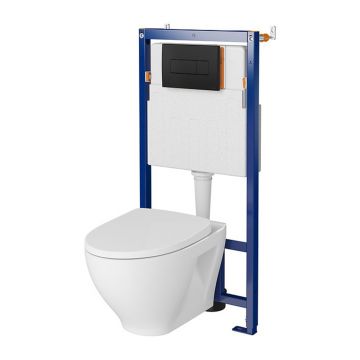 Set rezervor WC cu cadru B626 Cersanit Tech Line Opti si clapeta A1 negru plus vas WC Moduo cu capac alb