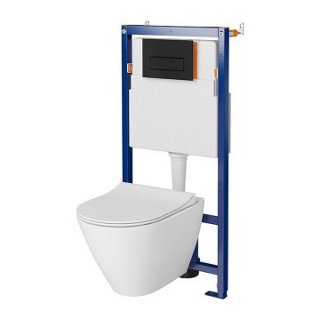 Set rezervor WC cu cadru B628 Cersanit Tech Line Opti si clapeta B1 negru plus vas WC City cu capac alb
