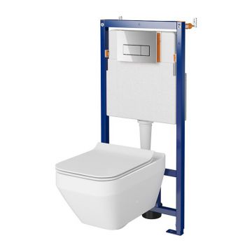 Set rezervor WC cu cadru B646 Cersanit Tech Line Opti si clapeta B1 crom plus vas WC Crea cu capac alb