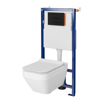 Set rezervor WC cu cadru B647 Cersanit Tech Line Opti si clapeta B1 negru plus vas WC Crea cu capac alb