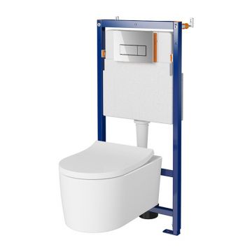 Set rezervor WC cu cadru B648 Cersanit Tech Line Opti si clapeta B1 crom plus vas WC Inverto cu capac alb