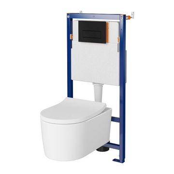 Set rezervor WC cu cadru B649 Cersanit Tech Line Opti si clapeta B1 negru plus vas WC Inverto cu capac alb