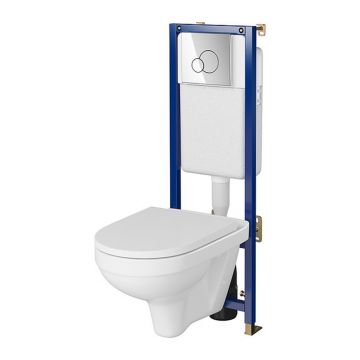 Set rezervor WC cu cadru B680 Cersanit Tech Line Base si clapeta Circle crom plus vas WC Zip cu capac alb