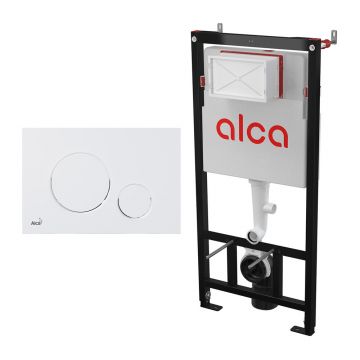 Set rezervor WC cu cadru incastrat Alcadrain AM101/1120 si clapeta de actionare Thin M676 alb mat