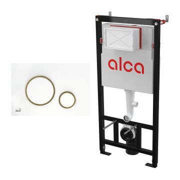 Set rezervor WC cu cadru incastrat Alcadrain AM101/1120 si clapeta de actionare Thin M775 alb - auriu lucios