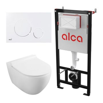 Set rezervor WC cu cadru incastrat Alcadrain AM101/1120 si clapeta M676 alb mat plus vas WC Fluminia Minerva cu capac softclose alb