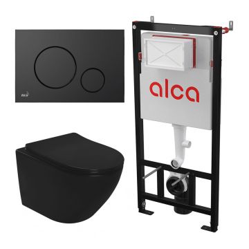 Set rezervor WC cu cadru incastrat Alcadrain AM101/1120 si clapeta M678 negru mat plus vas WC Rea Carlo Mini cu capac softclose