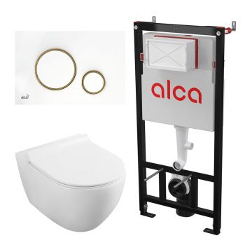 Set rezervor WC cu cadru incastrat Alcadrain AM101/1120 si clapeta M775 alb plus vas WC Fluminia Minerva cu capac softclose alb