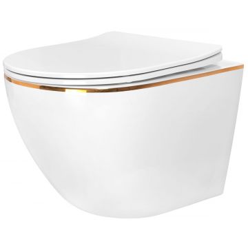 Set vas WC suspendabil rimless Rea Carlo alb cu margini aurii şi capac soft close alb