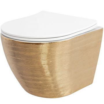 Set vas WC suspendabil rimless Rea Carlo auriu periat şi capac soft close alb