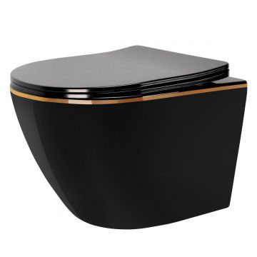 Set vas WC suspendabil rimless Rea Carlo negru lucios cu margini aurii şi capac soft close negru