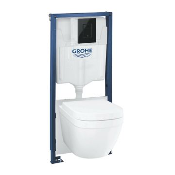 Set vas WC suspendat cu capac Grohe Euro Ceramic rezervor incastrat Solido 5 in 1 cu clapeta neagra Skate Cosmopolitan