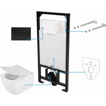 Set vas WC suspendat Deante Anemon Zero alb cu cadru de toaleta, rezervor ascuns si cu buton de actiune negru