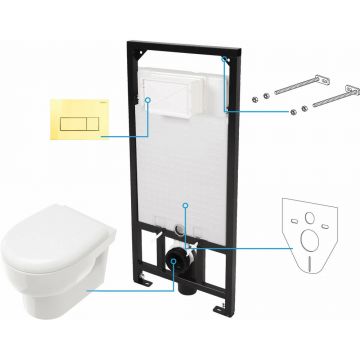 Set vas WC suspendat Deante Avis alb cu cadru de toaleta, rezervor ascuns si cu buton de actiune auriu