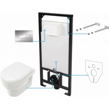 Set vas WC suspendat Deante Avis alb cu cadru de toaleta, rezervor ascuns si cu buton de actiune crom