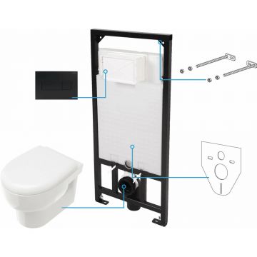 Set vas WC suspendat Deante Avis alb cu cadru de toaleta, rezervor ascuns si cu buton de actiune negru