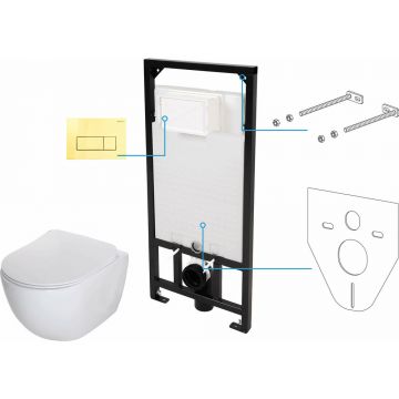 Set vas WC suspendat Deante Peonia Zero alb cu cadru de toaleta, rezervor ascuns si buton de actiune auriu