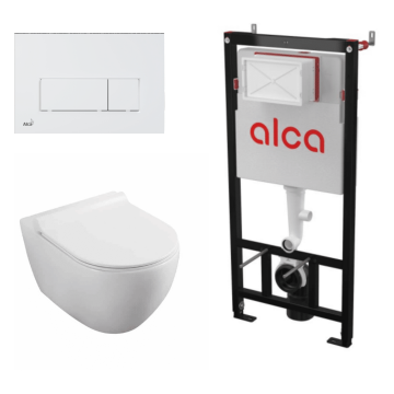 Set vas WC suspendat Fluminia Minerva Alb cu rezervor Alcadrain si clapeta alb