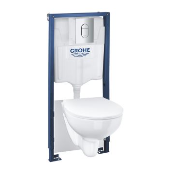 Set vas WC suspendat Grohe Solido 5 in 1 rezervor incastrat cu clapeta crom Arena si capac Bau Ceramic