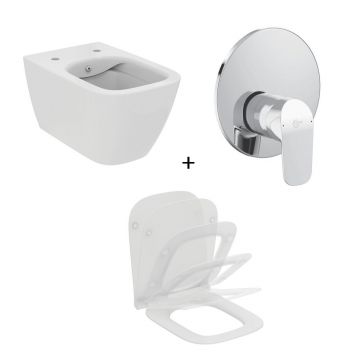 Set vas WC suspendat Ideal Standard I.life B cu functie bideu alb plus capac slim softclose si baterie