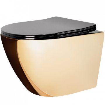 Set vas WC suspendat Rea Carlo Mini auriu cu capac softclose negru lucios