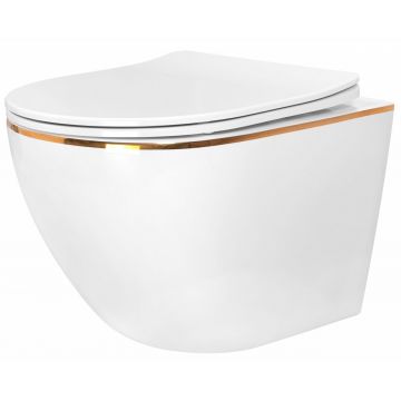 Set vas WC suspendat Rea Carlo rimless alb - auriu cu capac softclose