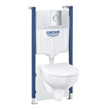 Set complet Grohe Solido 5-in-1 cu vas wc Bau Ceramic capac slim inchidere lenta rezervor incastrat cu cadru Grohe Fresh si clapeta Sail crom